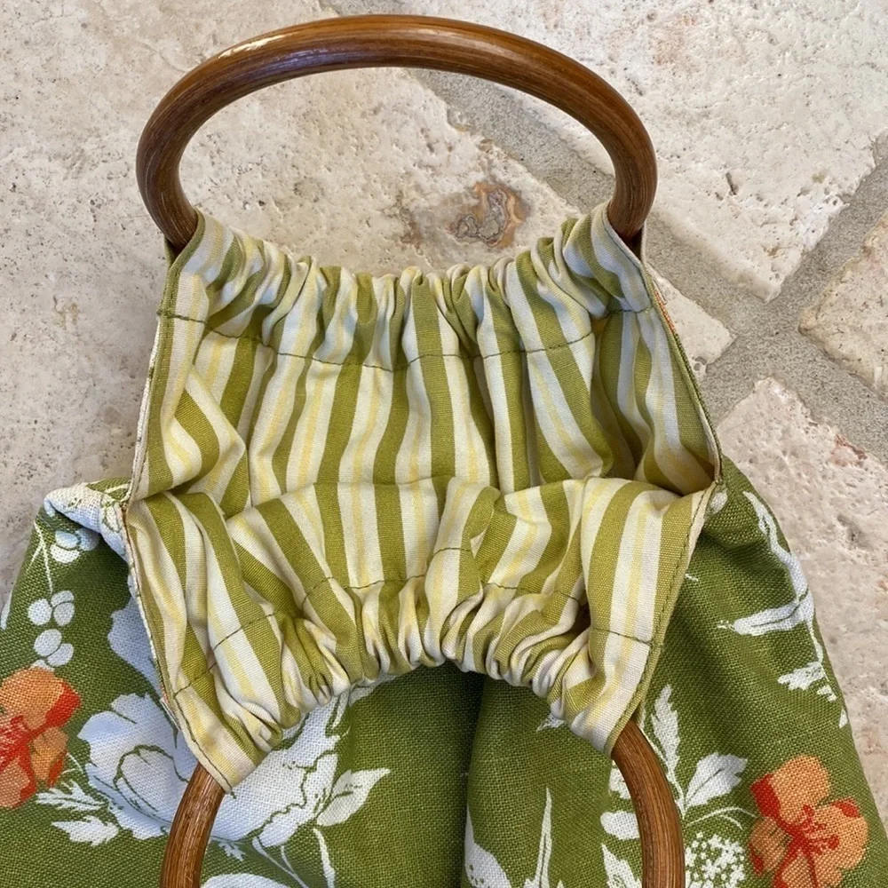 Linen Wood Handle Handbag Purse Womens tote stripes floral round handle knitting